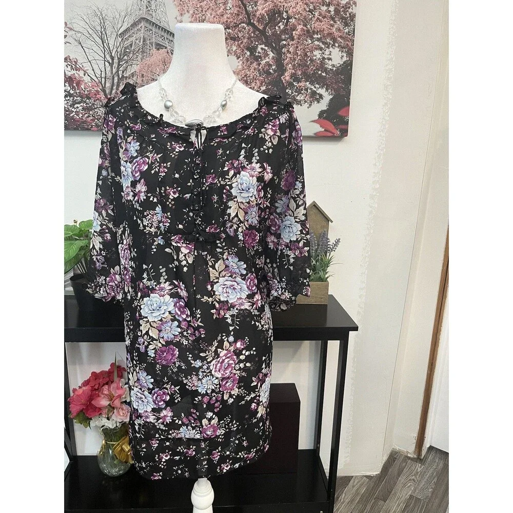 Woman Within Blouse 1X Floral Peasant Top Ruffle Neck Chiffon Boho Tunic sheer
